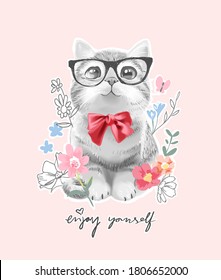 sweet little cat with red bow tie and colorful flowers illustration