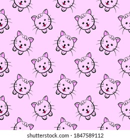 Sweet little cat, seamless pattern on violet background.
