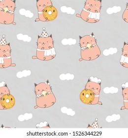 sweet little cat seamless pattern.kitty is holding donut and eat ice cream.it wearing party hat and chef suit.decoration with cloud on grey paper background wallpaper.smile lovely bakery product cafe.