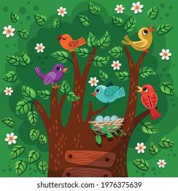 Sweet little colorful birds singing on a blossom tree. Cartoon Springtime vector illustration.
