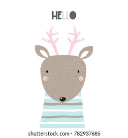 Sweet little deer with word hello. Vector hand drawn illustration.