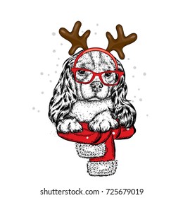 A sweet little dog with glasses, a scarf with horns on his head. New Year costume. Vector illustration for a postcard or a poster. New Year's and Christmas. Beautiful spaniel. Purebred puppy.