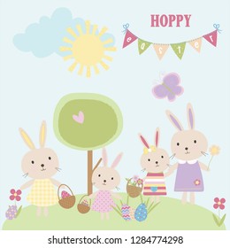 A sweet little easter bunny set, bunnies with baskets of easter eggs, easter elements, including a cute little easter bunting, includes 12 vector illustrations.