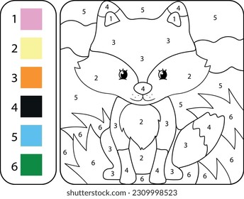 Sweet little fox. Coloring page for children. Color the animal by numbers. Educational coloring for preschoolers.