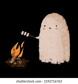 Dulce marshmago fantasma sobre el fuego. Ilustración de vectores dibujados a mano de Halloween con fantasía de estilo Kawaii en un fondo negro. Impresión divertida Halloween Camping ideal para tarjeta, afiche.