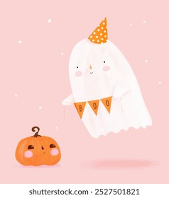 Sweet Little Ghost and Funny Pumpkin. Cute Halloween Hand Drawn Vector Illustration with Kawaii Style Ghost on a Pink Background. Funny Halloween Print With Little Ghost Holding Garland with "BOO".RGB