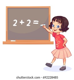 Sweet little girl decides on the blackboard the equation "two plus two". Back to school card, banner, poster. Vector cartoon student character.