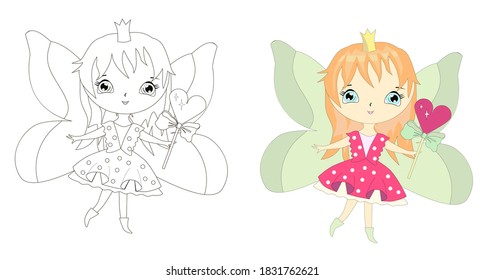Sweet little girl, elf, fairy. Vector illustration for coloring book.
