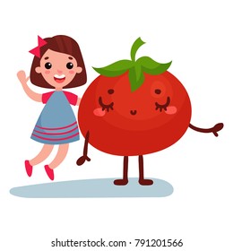 Sweet little girl having fun with giant tomato vegetable character, best friends, healthy food for kids cartoon vector Illustration