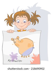 Sweet little girl with her hamster drawing.