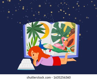 Sweet little girl lying at stary night and reading book about exotic jungles flora and fauna vector illustration. Kids imagination and dreams while reading books. Preschool books with pictures.
