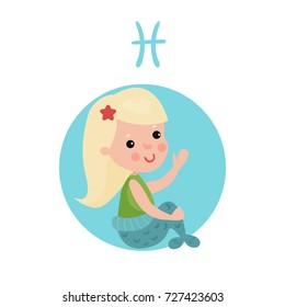 Sweet little girl as Pisces astrological sign, horoscope zodiac character colorful cartoon vector Illustration