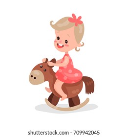 Sweet little girl playing rocking horse cartoon vector Illustration