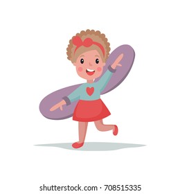 Sweet little girl playing with wings, kid dreaming of becoming a spaceman vector Illustration