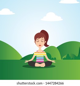Sweet Little Girl Practicing Yoga In Garden/Park/Nature. Vector Illustration Isolated On White Background