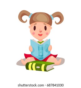 Sweet little girl sitting and reading a book, education and knowledge concept, colorful character vector Illustration