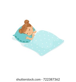Sweet little girl sleeping on her bed cartoon character vector illustration