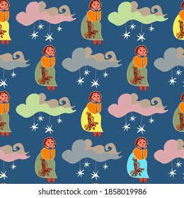 Sweet little girl vector repeating pattern in multicolour on a night sky blue backdrop. Female characters sitting dreaming under the star in a cloudy sky, this cute design is dreamy, great for nursery