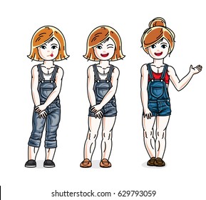 Sweet little girls standing wearing fashionable casual clothes. Vector kids illustrations set. Childhood and family lifestyle clip art.