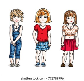 Sweet little girls standing wearing fashionable casual clothes. Vector kids illustrations set.
