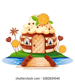Sweet little house with chocolate and decorated with fruit. Cheerful vector illustration.