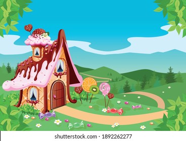 Sweet little house with chocolate, waffles and cookies decorated with candy in the forest. Fabulous vector illustration background.