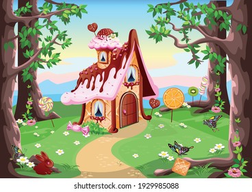 pequeña casa dulce con chocolate, gofres y galletas, decorada con dulces, situada en un dique del bosque. Antecedentes de cuento de hadas con casa de jengibre en ilustración vectorial estilo caricatura.