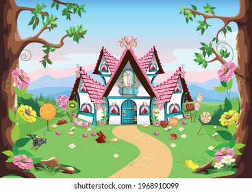 sweet little house with chocolate, waffles and cookies, decorated with sweets, stands in a forest glade. Fairy tale background with gingerbread house in cartoon style vector illustration.