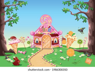 sweet little house with chocolate, waffles and cookies, decorated with sweets, stands in a forest glade. Fairy tale background with gingerbread house in cartoon style vector illustration.