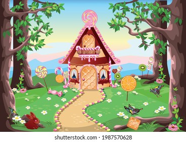 sweet little house with chocolate, waffles and cookies, decorated with sweets, stands in a forest glade. Fairy tale background with gingerbread house in cartoon style vector illustration.