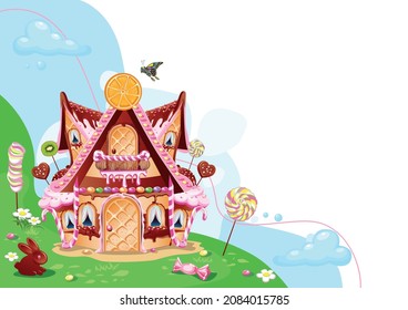 sweet little house with chocolate, waffles and cookies, decorated with sweets, stands in a forest glade. Fairy tale background with gingerbread house in cartoon style vector illustration.