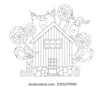 Sweet Little House With Christmas Gifts, Decorations, Candies, And Santa'S Reindeer Is A Festive Illustration For Children To Color