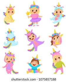 Sweet little kids in unicorn costumes set vector Illustration on a white background