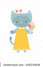 Sweet little kitten with an ice cream. Vector illustration in a scandinavian style. Cute and funny poster.