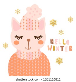 Sweet little kitty in winter hat and warm sweater vector art. Nursery kids scandinavian hand drawn illustration. Graphic design t shirt and card print.