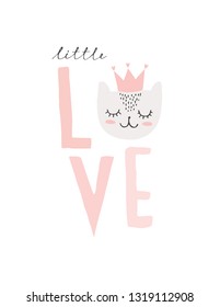 Sweet Little Love Vector Card. Pink Love with Gray Cat Princess. Lovely Nursery Hand Drawn Card. Gray Kitty in Pink Crown Isolated on White Background. Cute Infantile Style Baby Shower Illustration.