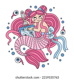 Sweet little mermaid eating puddle with eyes. Cute girl with pink hair having breakfast. Scary desert. Adorable female character. Funny cartoon vector illustration. Isolated on white