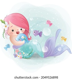 Sweet Little Mermaid Hugging a Fish