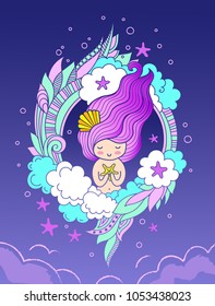 Sweet little mermaid with starfish and long violet hair. Card, print, poster, notebook, cover. Vector illustration on  magic violet background.