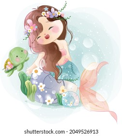 Sweet Little Mermaid and a Little Turtle