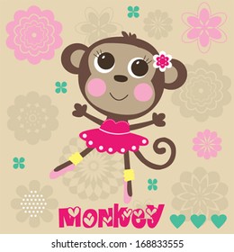 sweet little monkey girl balerina flowers vector illustration