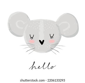 Sweet Little Mouse with a Heart-shaped Nose. Gray Mouse Head and  Black Handwritten "hello" on a White Background. Lovely Nursery Vector Illustration ideal for Card, Wall Art, Poster.Kids' Room Decor.