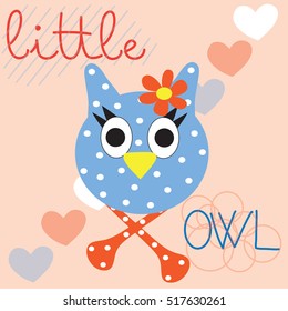 sweet little owl with hearts and curls vector illustration