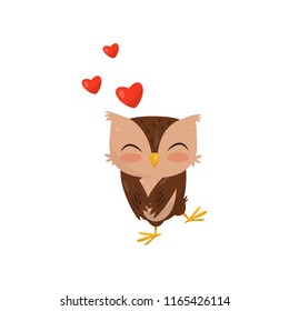 Sweet little owlet in love, cute bird cartoon character with red hearts vector Illustration on a white background