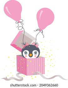 Sweet little penguin girl makes a surprise party with balloons from inside a gift box
