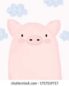 Sweet Little Pig. Lovely Vector Illustration with Pink Piggy Isolated on a White Background. Farm Animal. Cute Baby Pig and Blue Fluffy Sketched Clouds. Watercolor Style Art.