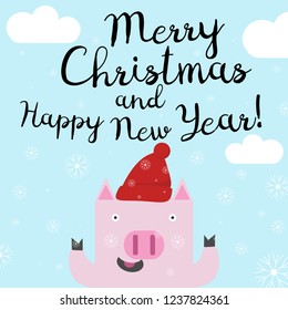 Sweet little pig in a red hat, catching snowflakes. Color vector illustration with new year symbol. Postcard with Christmas and New Year's greetings.