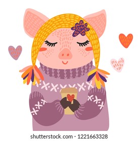 Sweet little pig in winter hat and warm sweater with coffee cup vector art. Nursery kids scandinavian hand drawn illustration. Graphic design t shirt and card print.