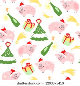 Sweet little pigs and symbols of the New Year. Vector cartoon seamless pattern. Piggy - animal symbol of new year 2019.