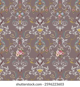 Sweet little pink flowers in a vintage Baroque style combined with Louis patterns. On gray background, seamless for digital printing, textiles, wallpaper.